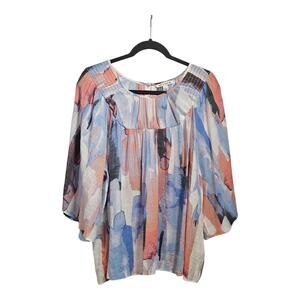 Zac & Rachel Womens L Blouse Kimono Sleeves Gauzy Smocked Shoulders Flowy